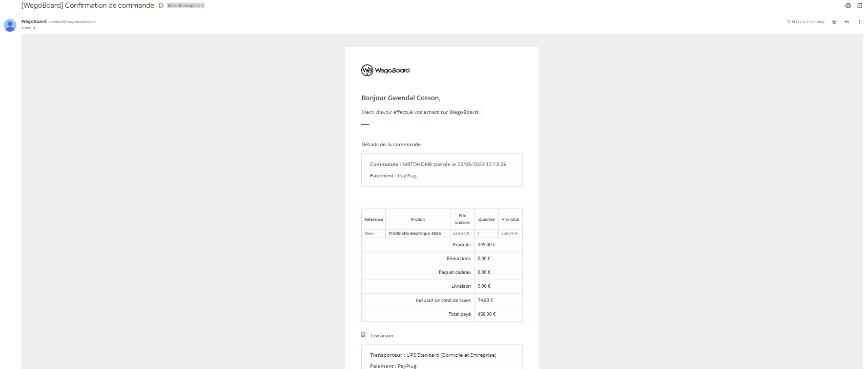 mail confirmation de commande wegoboard
