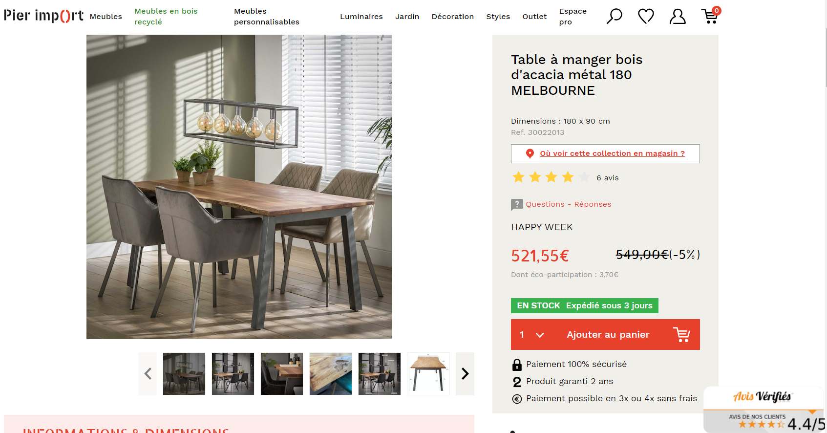 page produit pier import