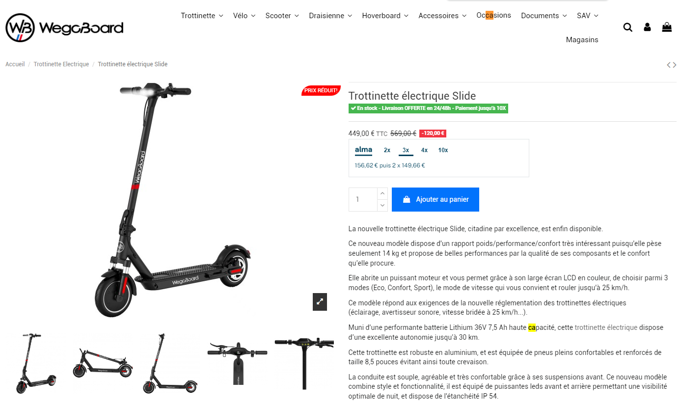 La page produit de la trottinette électrique Wegoboard.