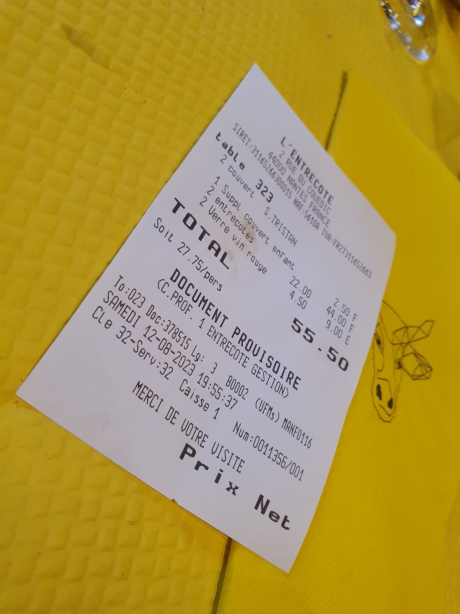 Le tiquet de caisse du restaurant L'Entrecôte