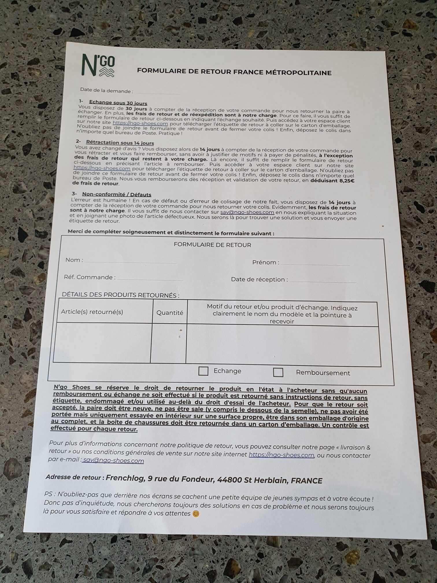 feuille de retour n'go