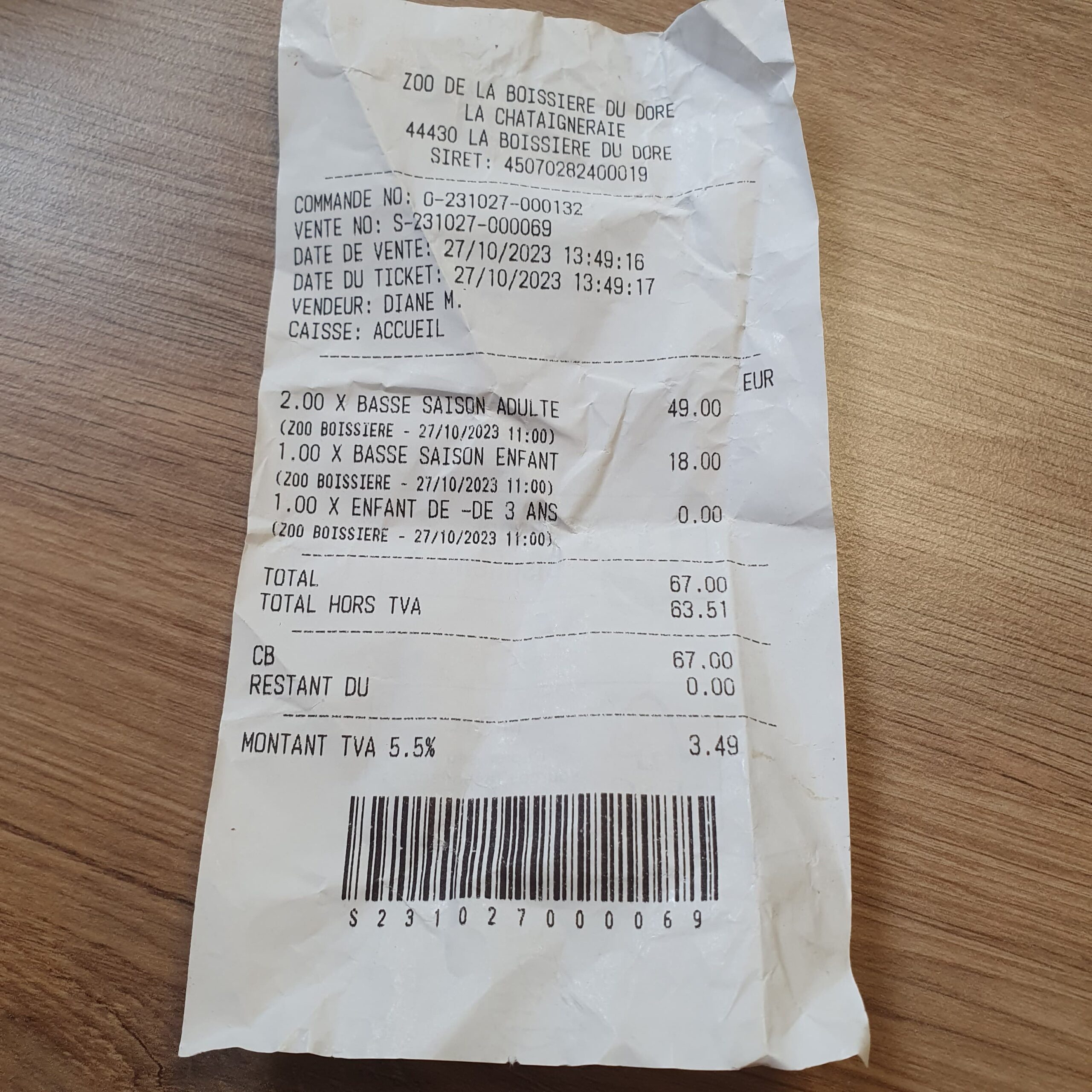 ticket de caisse zoo la Boissière du Dorée